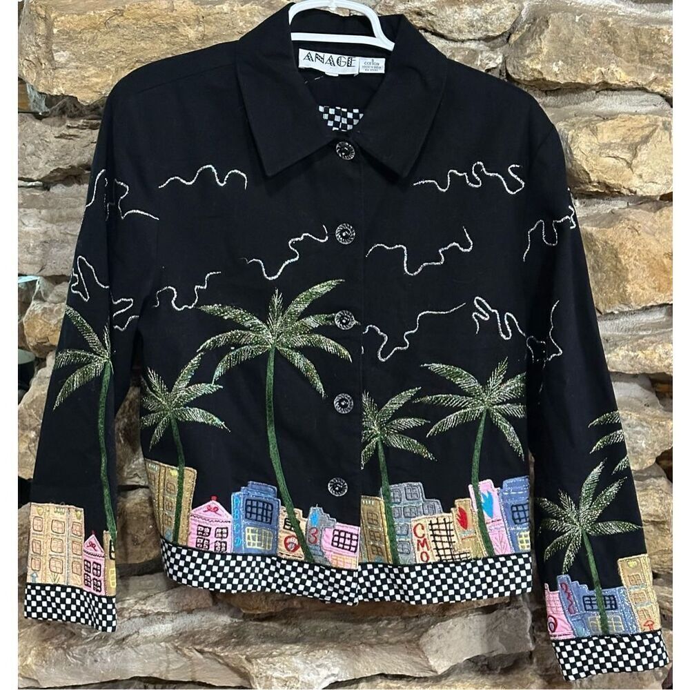 Women’s Embroidered Anage Vintage Art To Wear Ocean Drive skyline Beachside City